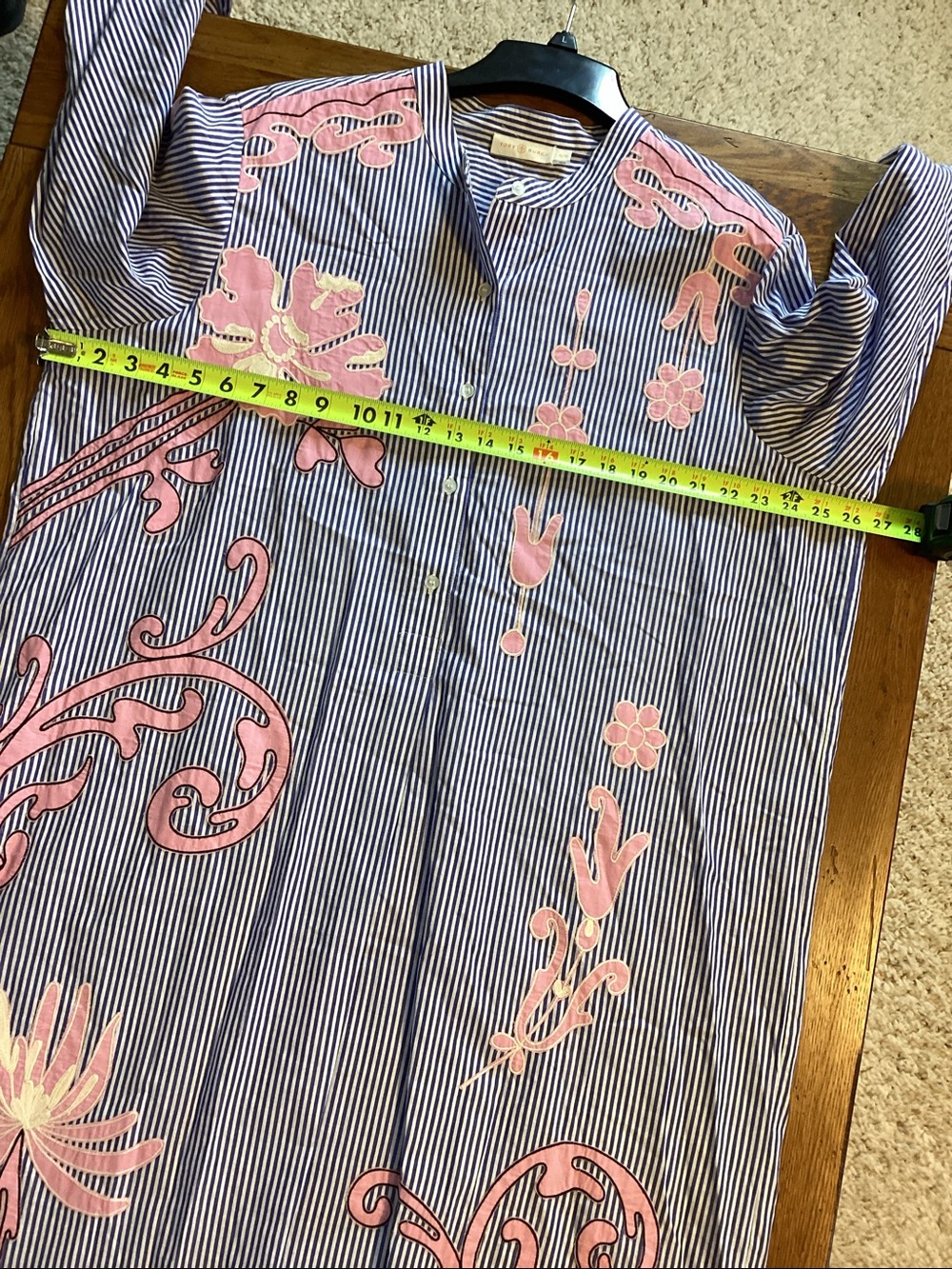 Tory Burch blue and white striped shirt dress with pink embroidered flowers. - Picture 3 of 16